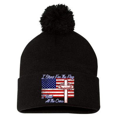 I Stand For The Flag I Kneel For The Cross Crown Of Thorns Pom Pom 12in Knit Beanie