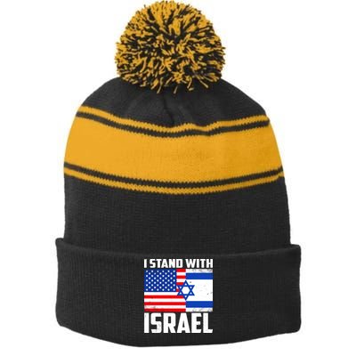 I Stand With Israel US Flags United Distressed Stripe Pom Pom Beanie