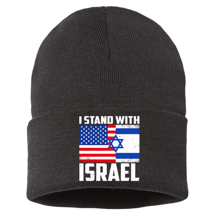 I Stand With Israel US Flags United Distressed Sustainable Knit Beanie