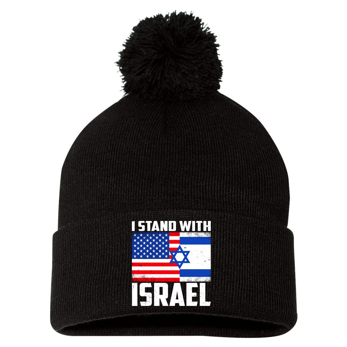 I Stand With Israel US Flags United Distressed Pom Pom 12in Knit Beanie
