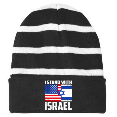 I Stand With Israel US Flags United Distressed Striped Beanie with Solid Band