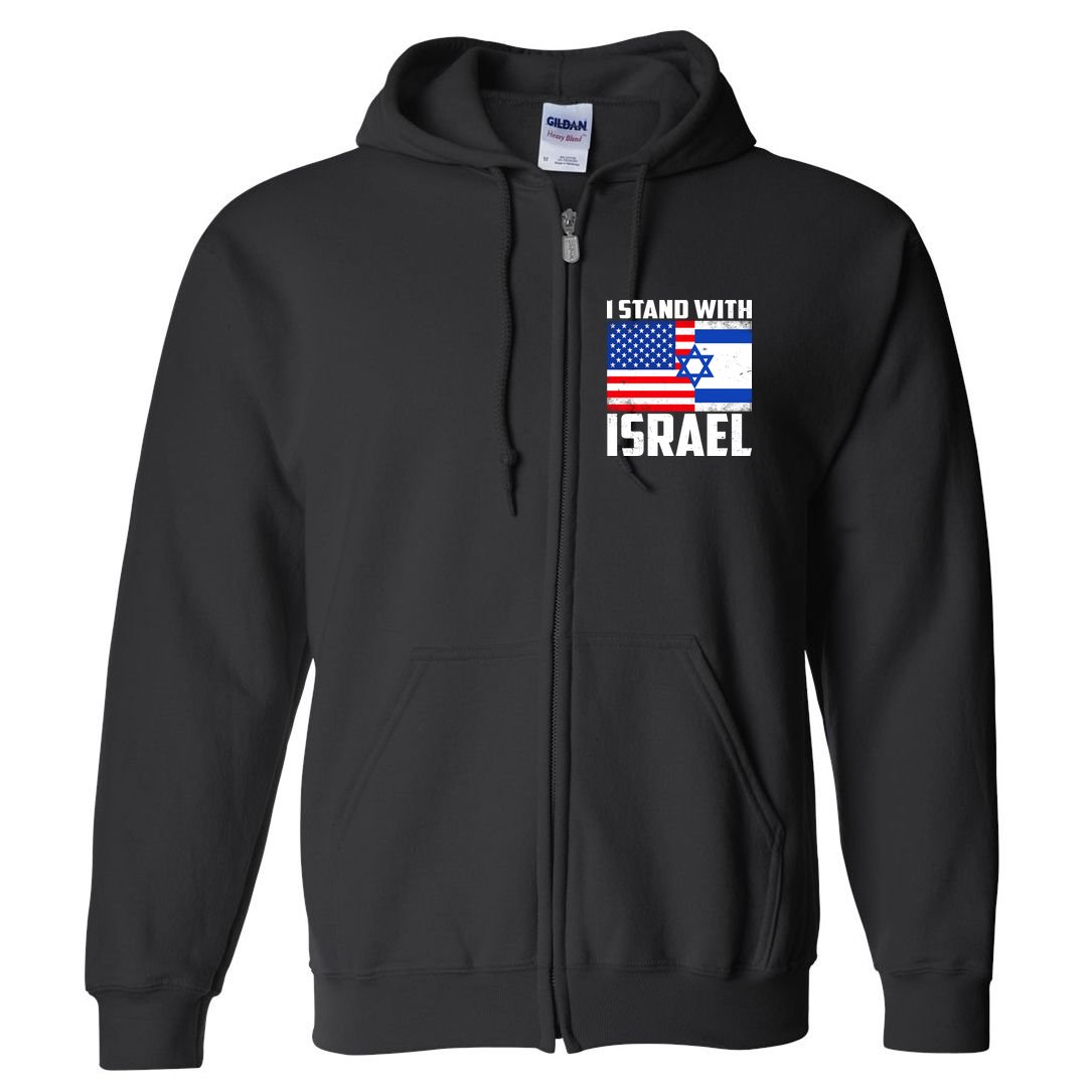 I Stand With Israel US Flags United Distressed Full Zip Hoodie