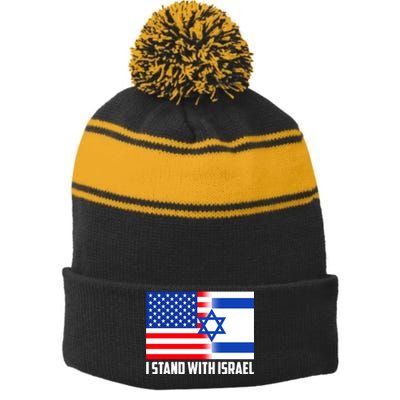 I Stand With Israel USA Flags United Together Stripe Pom Pom Beanie