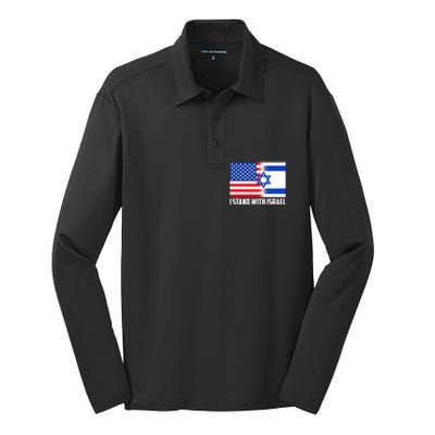 I Stand With Israel USA Flags United Together Silk Touch Performance Long Sleeve Polo