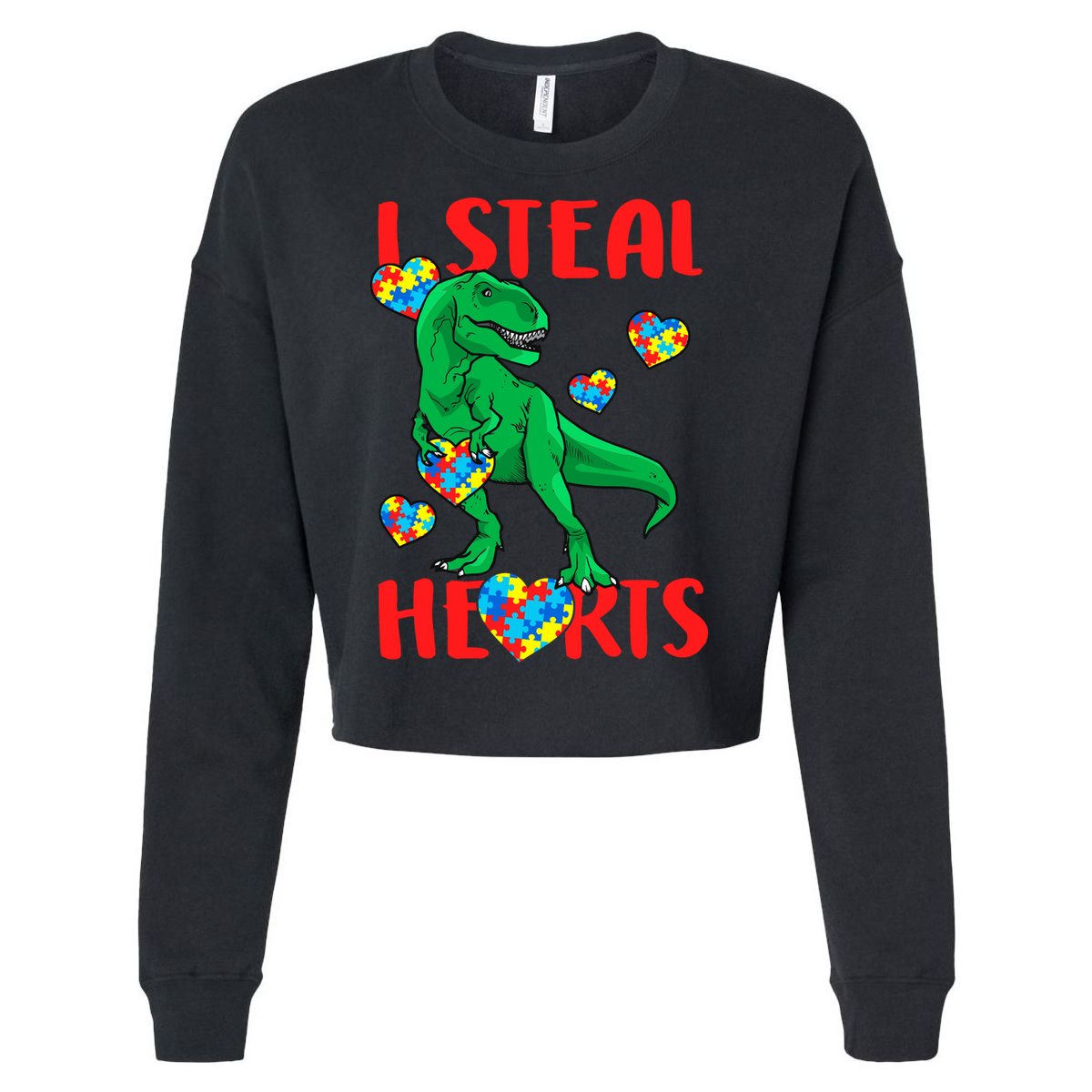 I Steal Hearts Autism Awareness Dinosaur Cropped Pullover Crew