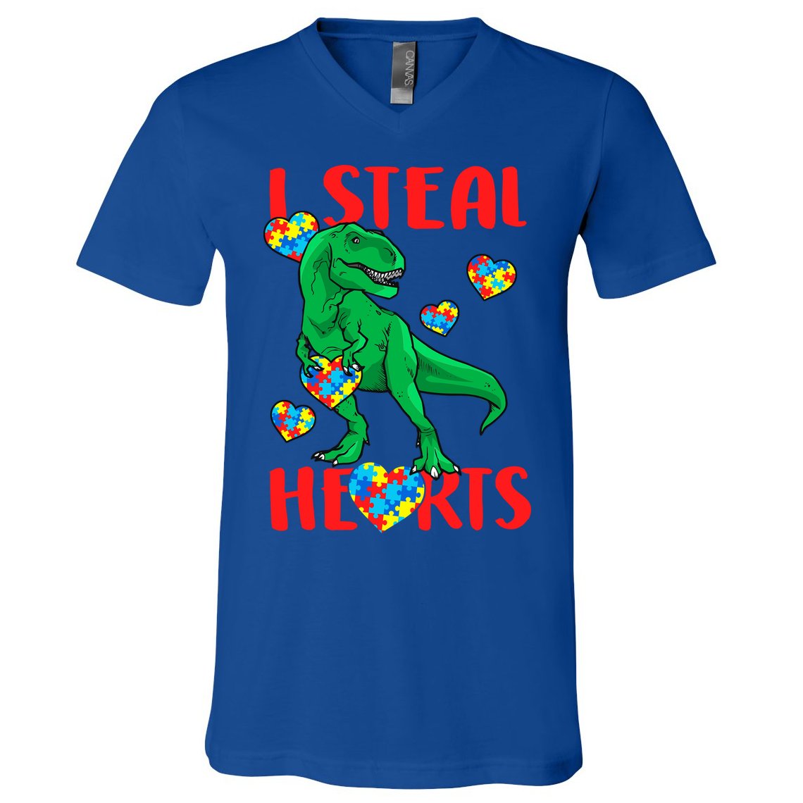 I Steal Hearts Autism Awareness Dinosaur V-Neck T-Shirt