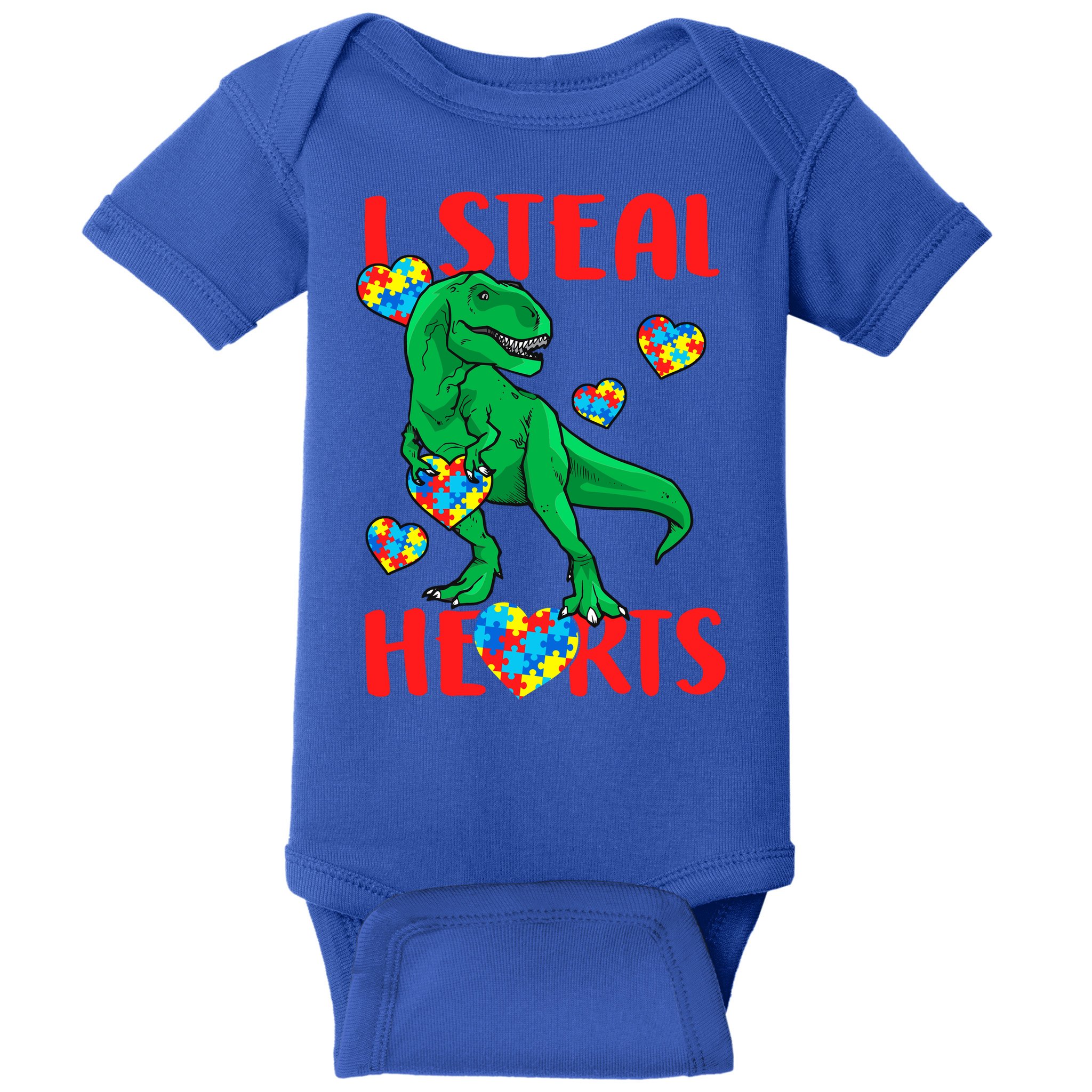 I Steal Hearts Autism Awareness Dinosaur Baby Bodysuit
