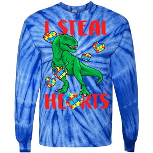 I Steal Hearts Autism Awareness Dinosaur Tie-Dye Long Sleeve Shirt