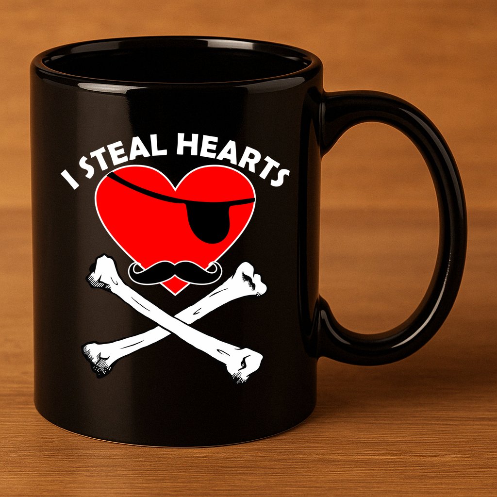 I Steal Hearts Pirate Crossbones Mustache Valentine's Day Design 11oz C Handle Ceramic Mug