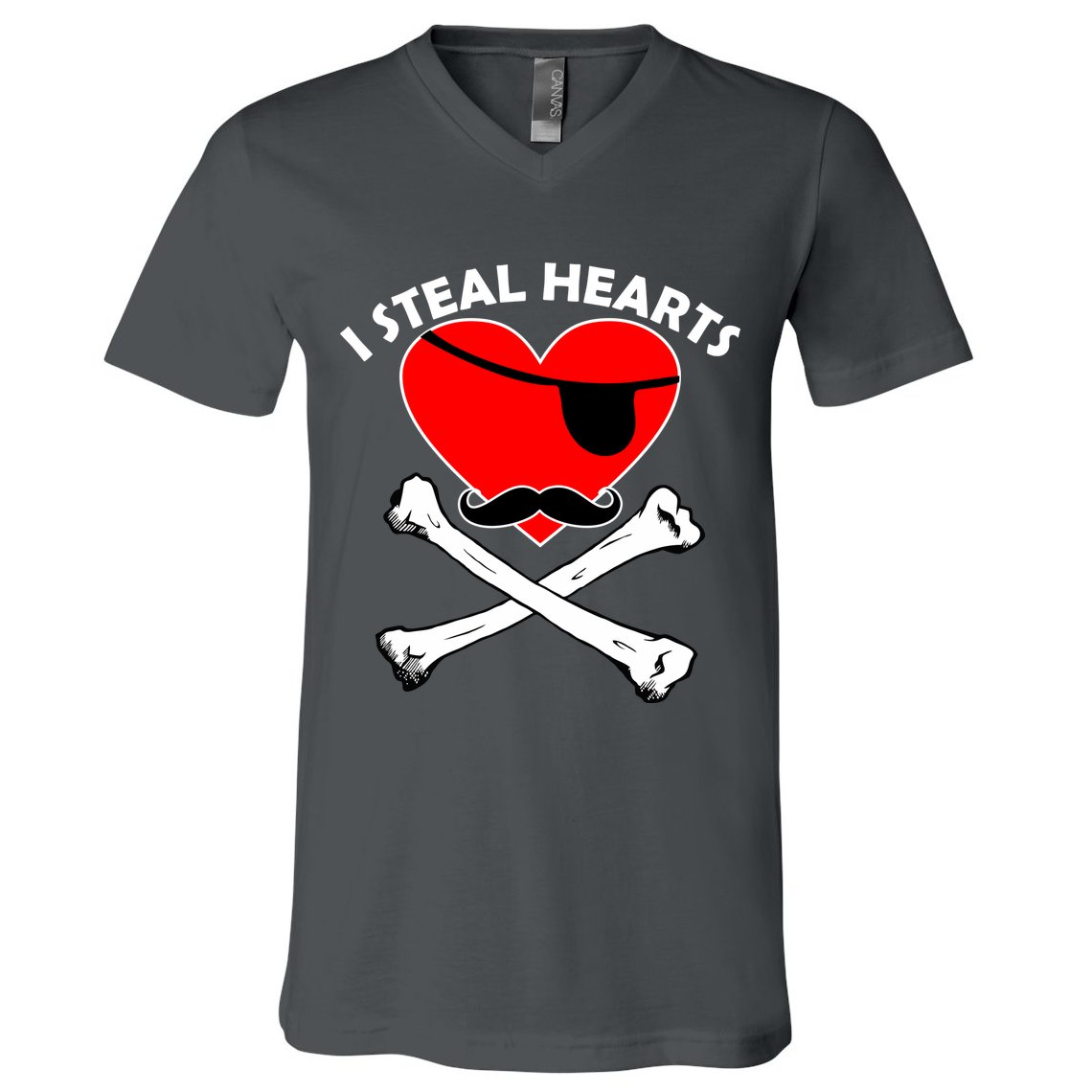 I Steal Hearts Pirate Crossbones Mustache Valentine's Day Design V-Neck T-Shirt