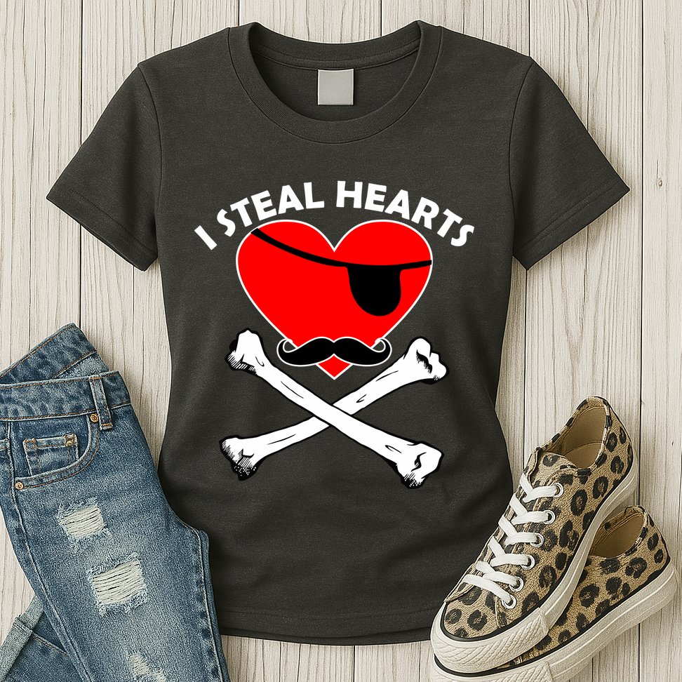 I Steal Hearts Pirate Crossbones Mustache Valentine's Day Design Womens T-Shirt