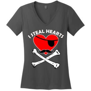 I Steal Hearts Pirate Crossbones Mustache Valentine's Day Design Women's V-Neck T-Shirt