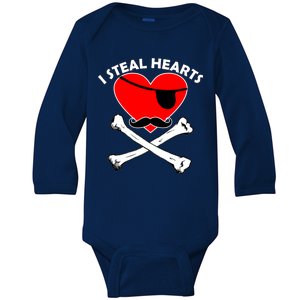 I Steal Hearts Pirate Crossbones Mustache Valentine's Day Design Baby Long Sleeve Bodysuit