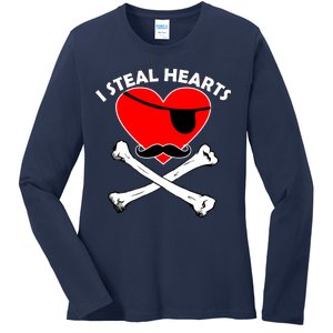 I Steal Hearts Pirate Crossbones Mustache Valentine's Day Design Ladies Long Sleeve Shirt