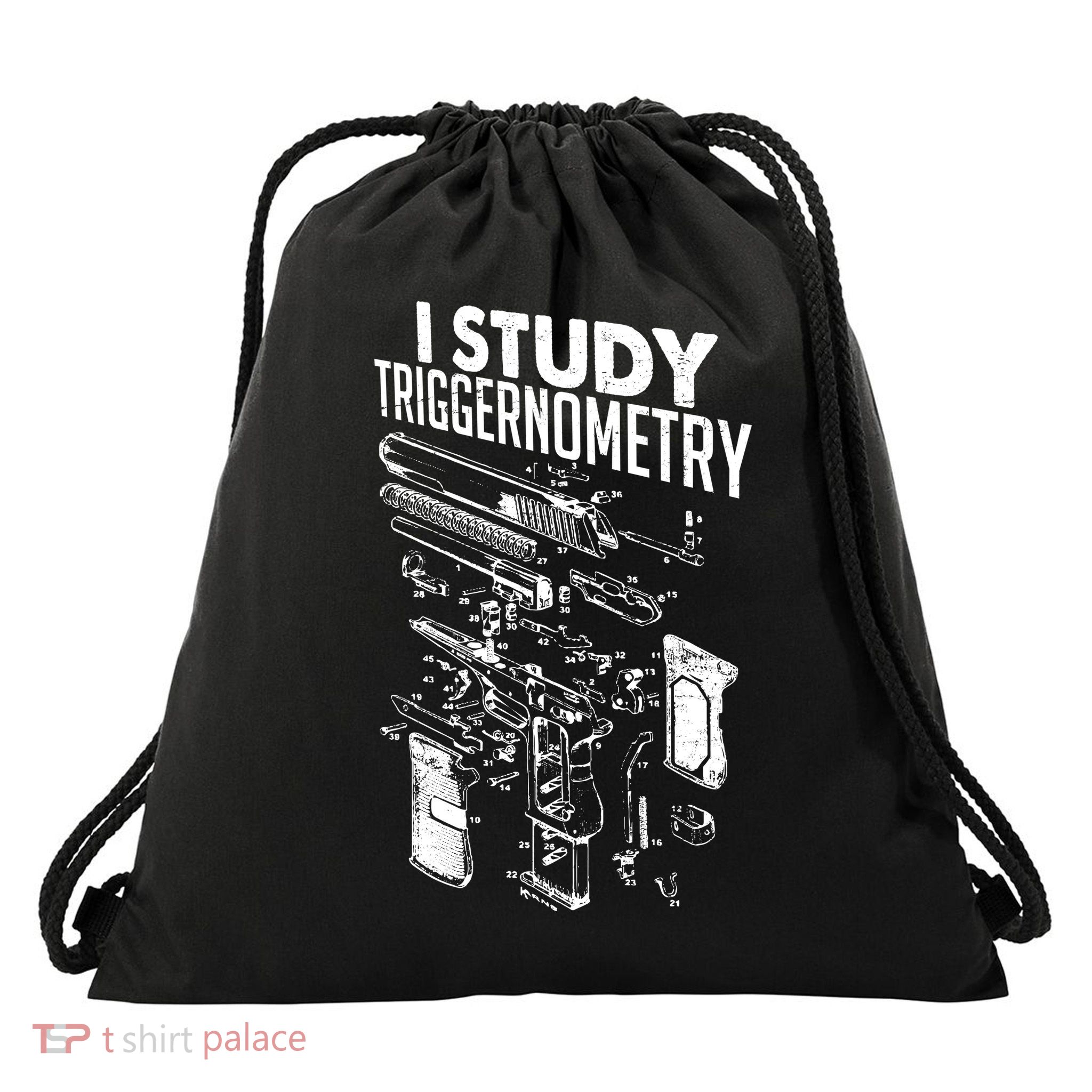 I Study Triggernometry Gun Diagram Drawstring Bag