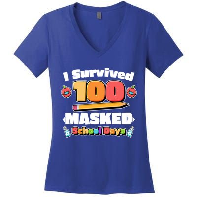 I Survived 100 Masked School Days Pandemic Learning Women's V-Neck T-Shirt