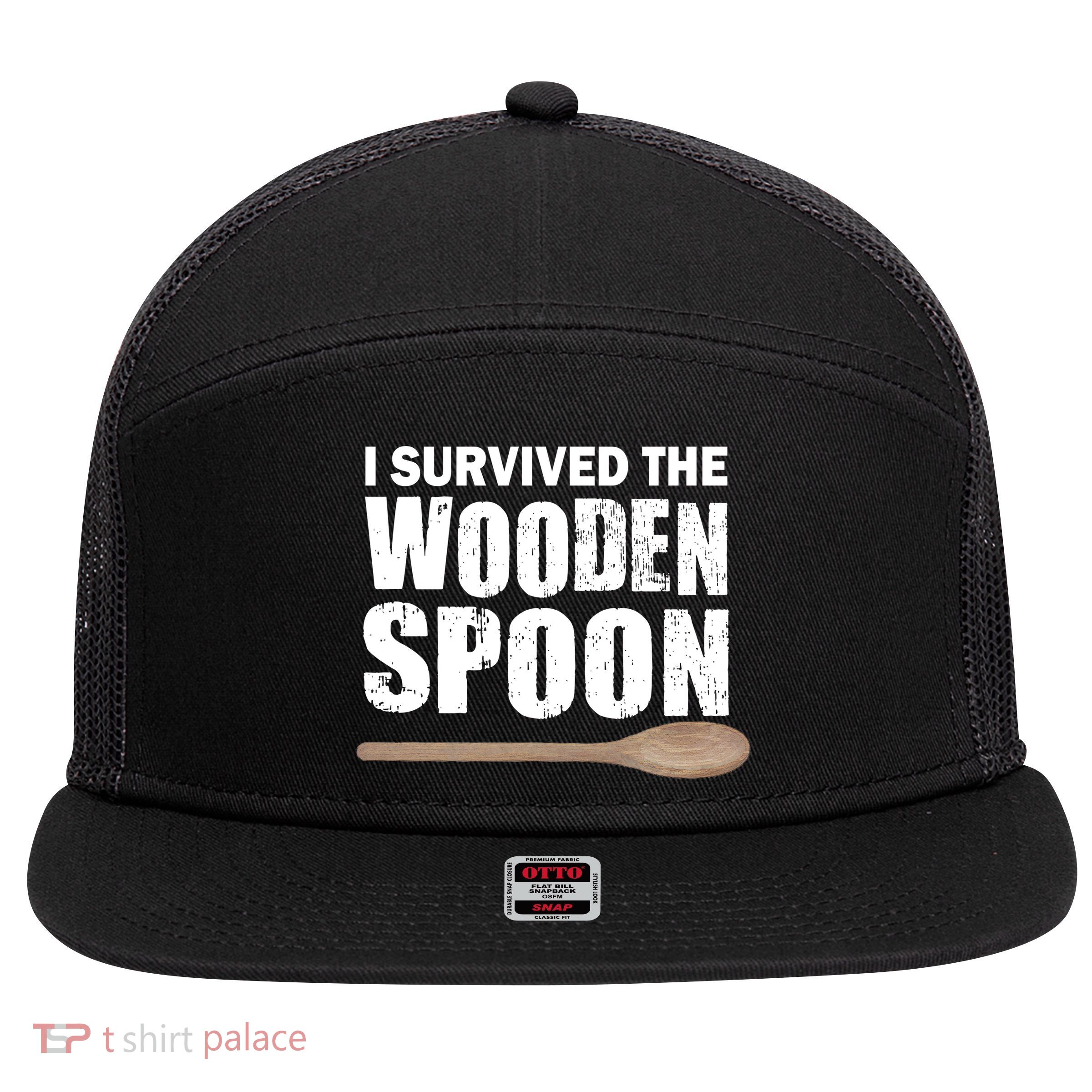 I Survived The Wooden Spoon 7 Panel Mesh Trucker Snapback Hat