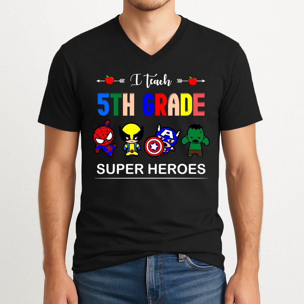 I Teach 5th Grade Superheroes V-Neck T-Shirt