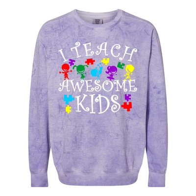 I Teach Awesome Kids Autism Awareness Teacher Colorblast Crewneck Sweatshirt