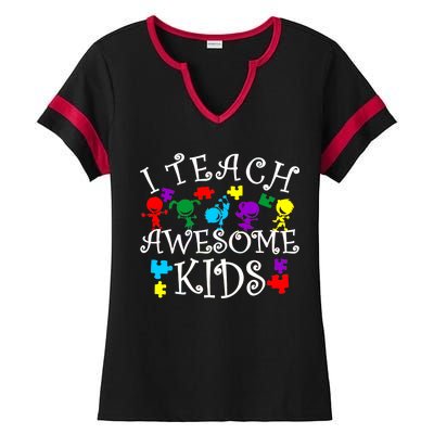 I Teach Awesome Kids Autism Awareness Teacher Ladies Halftime Notch Neck Tee