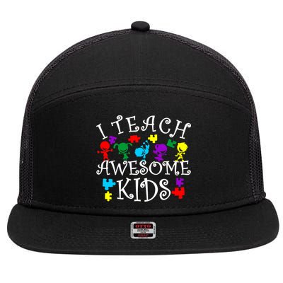 I Teach Awesome Kids Autism Awareness Teacher 7 Panel Mesh Trucker Snapback Hat