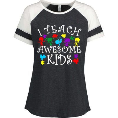 I Teach Awesome Kids Autism Awareness Teacher Enza Ladies Jersey Colorblock Tee