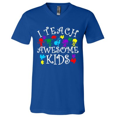 I Teach Awesome Kids Autism Awareness Teacher V-Neck T-Shirt