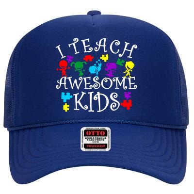 I Teach Awesome Kids Autism Awareness Teacher High Crown Mesh Back Trucker Hat