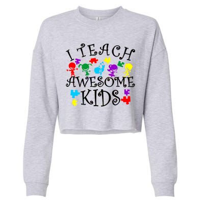 I Teach Awesome Kids Autism Awareness Teacher Cropped Pullover Crew