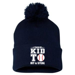 I Teach My Kid To Hit & Steal Baseball Pom Pom 12in Knit Beanie