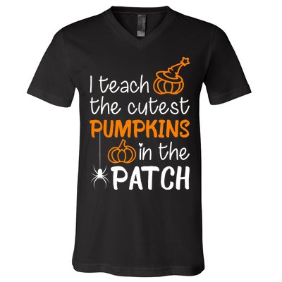 I Teach The Cutest Pumpkins in the Patch Halloween Teacher V-Neck T-Shirt