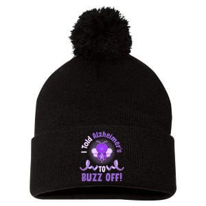 I Told Alzheimer's To Buzz Off Purple Ribbon Bee Pom Pom 12in Knit Beanie