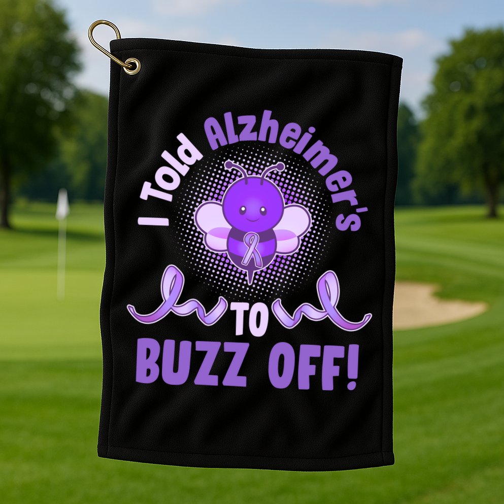 I Told Alzheimer's To Buzz Off Purple Ribbon Bee Golf Towel