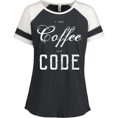 I Turn Coffee Into Code Enza Ladies Jersey Colorblock Tee