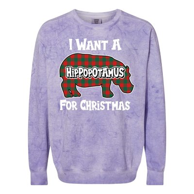 I Want A Hippopotamus For Christmas Buffalo Plaid Hippo Colorblast Crewneck Sweatshirt