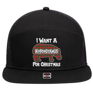 I Want A Hippopotamus For Christmas Buffalo Plaid Hippo 7 Panel Mesh Trucker Snapback Hat