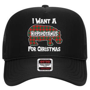 I Want A Hippopotamus For Christmas Buffalo Plaid Hippo High Crown Mesh Back Trucker Hat