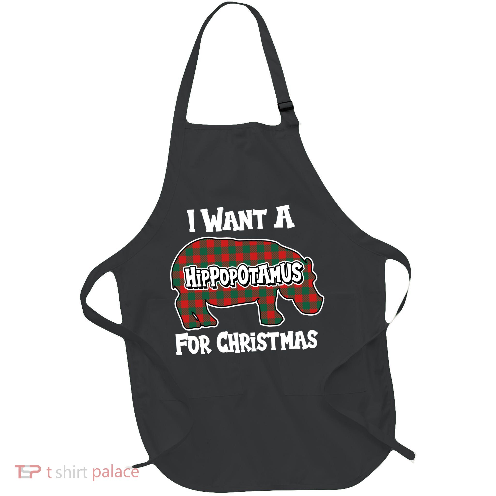 I Want A Hippopotamus For Christmas Buffalo Plaid Hippo Full-Length Apron With Pockets