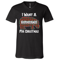 I Want A Hippopotamus For Christmas Buffalo Plaid Hippo V-Neck T-Shirt