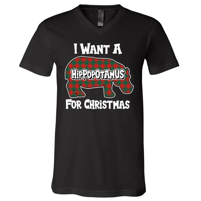 I Want A Hippopotamus For Christmas Buffalo Plaid Hippo V-Neck T-Shirt