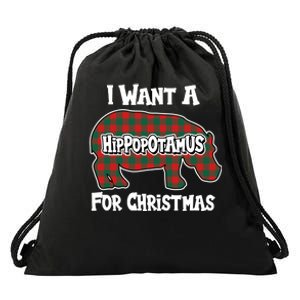 I Want A Hippopotamus For Christmas Buffalo Plaid Hippo Drawstring Bag