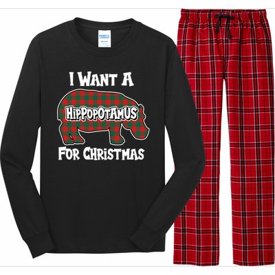 I Want A Hippopotamus For Christmas Buffalo Plaid Hippo Long Sleeve Pajama Set