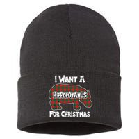 I Want A Hippopotamus For Christmas Buffalo Plaid Hippo Sustainable Knit Beanie