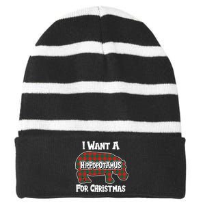 I Want A Hippopotamus For Christmas Buffalo Plaid Hippo Striped Beanie with Solid Band