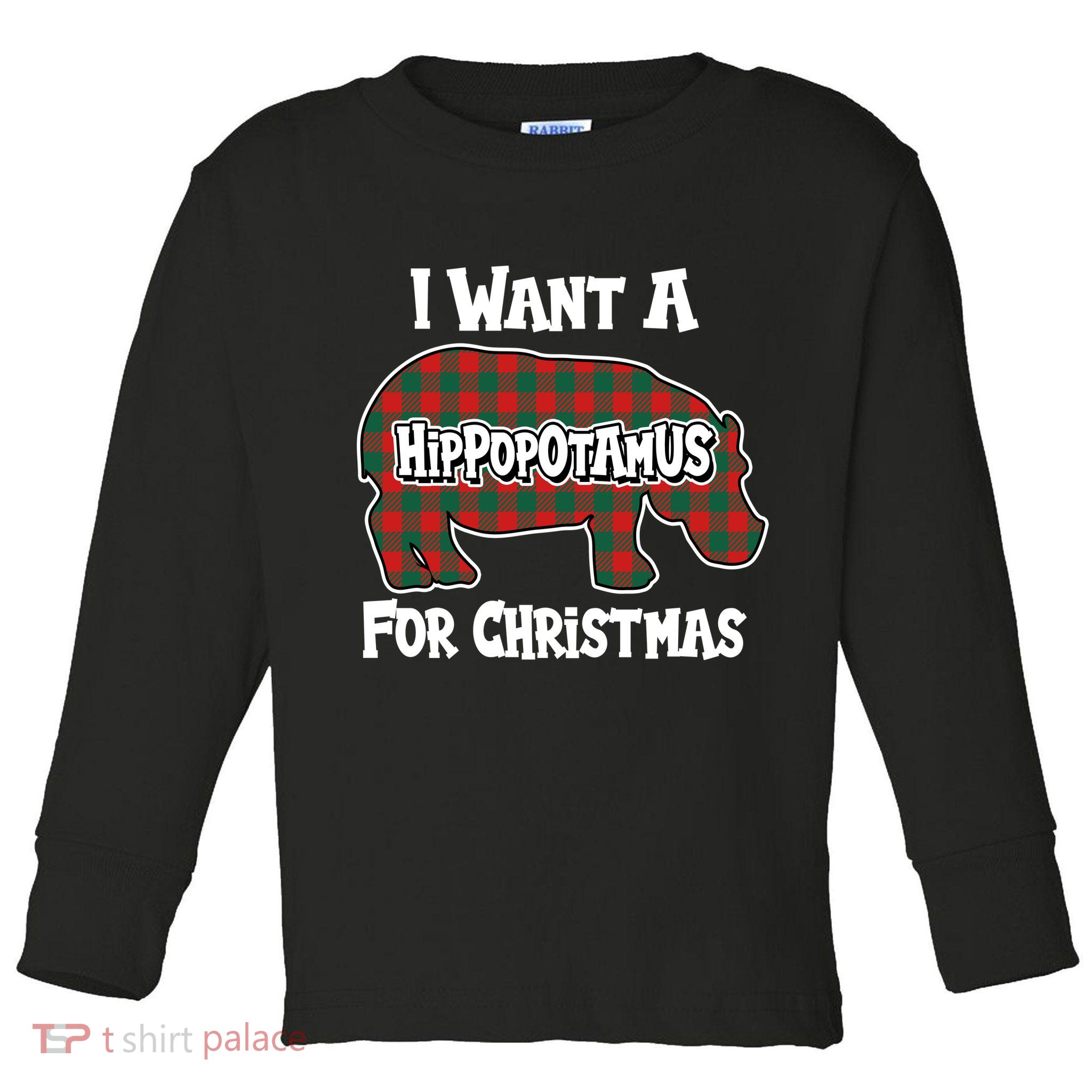 I Want A Hippopotamus For Christmas Buffalo Plaid Hippo Toddler Long Sleeve Shirt