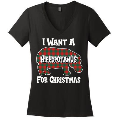 I Want A Hippopotamus For Christmas Buffalo Plaid Hippo Women's V-Neck T-Shirt