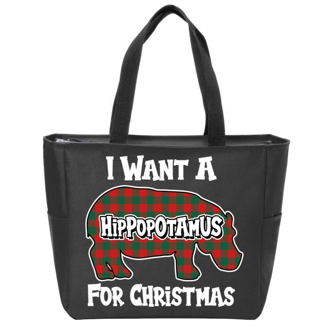 I Want A Hippopotamus For Christmas Buffalo Plaid Hippo Zip Tote Bag