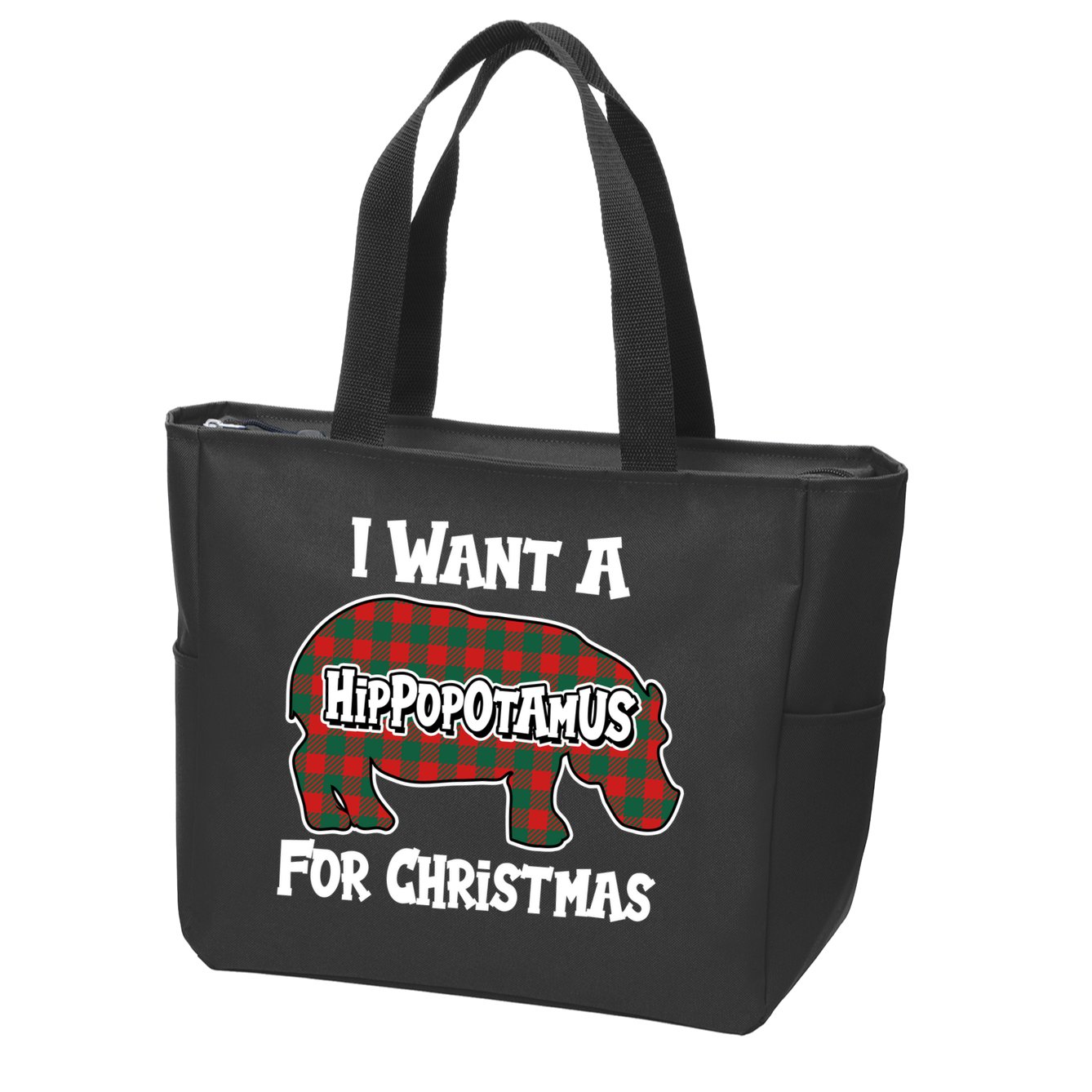 I Want A Hippopotamus For Christmas Buffalo Plaid Hippo Zip Tote Bag