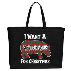 I Want A Hippopotamus For Christmas Buffalo Plaid Hippo Cotton Canvas Jumbo Tote