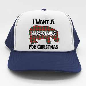 I Want A Hippopotamus For Christmas Buffalo Plaid Hippo Trucker Hat